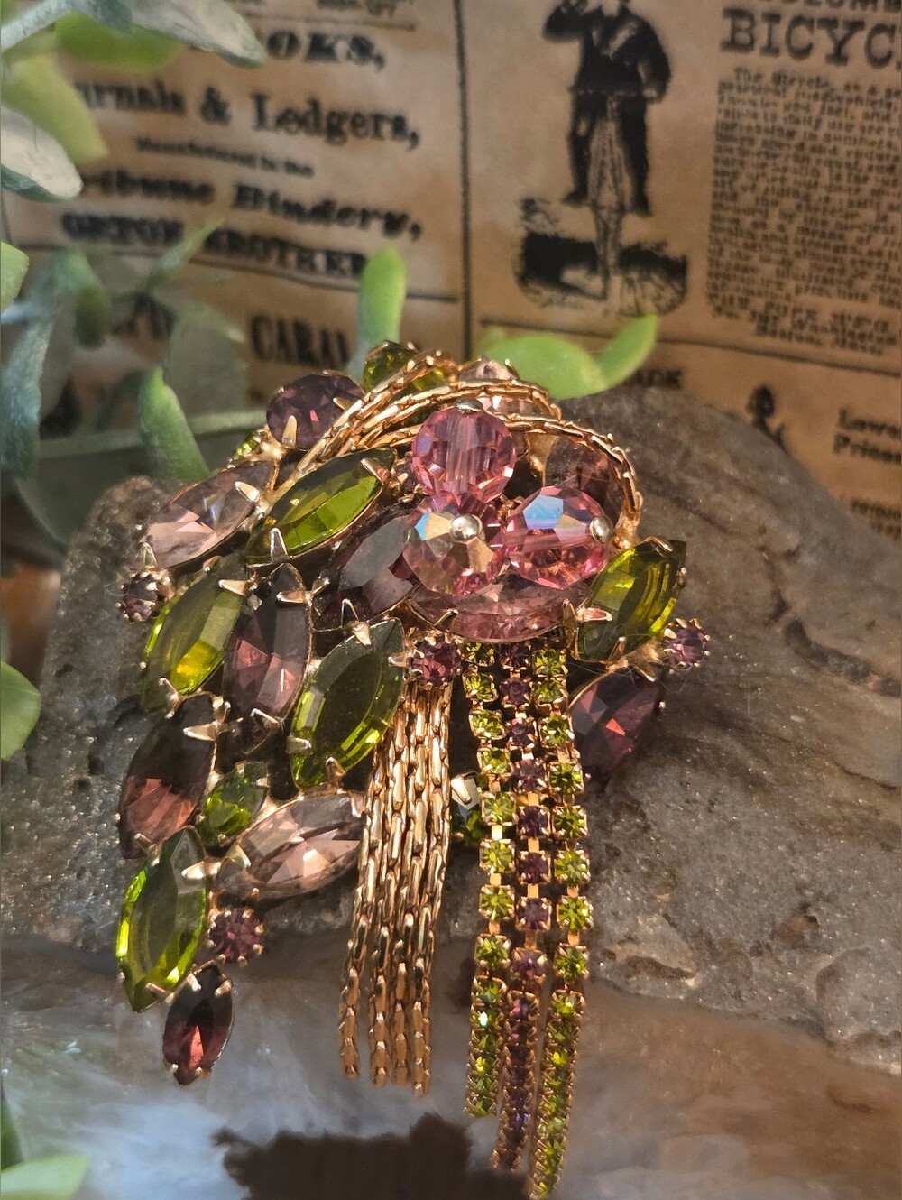 Alice Caviness Purple and Green Dangly Brooch with Pink Crystals